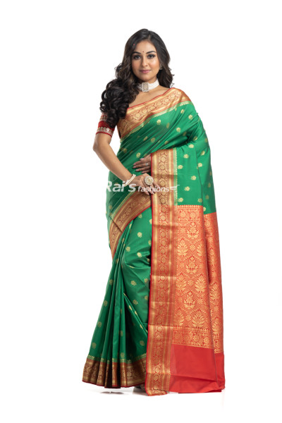 Semi Gadwal Silk Saree With All Over Golden Zari Weaving Butta Work And Contrast Color Traditional Benarasi Worked Border And Pallu (KR2222)